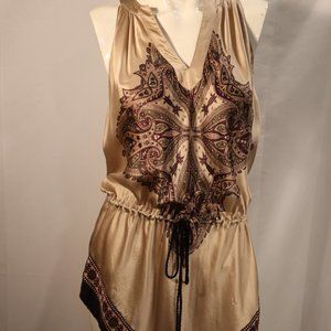 Paisley Cream Gold Silk Tunic Sleeveless Top With String Belt Tie Size S